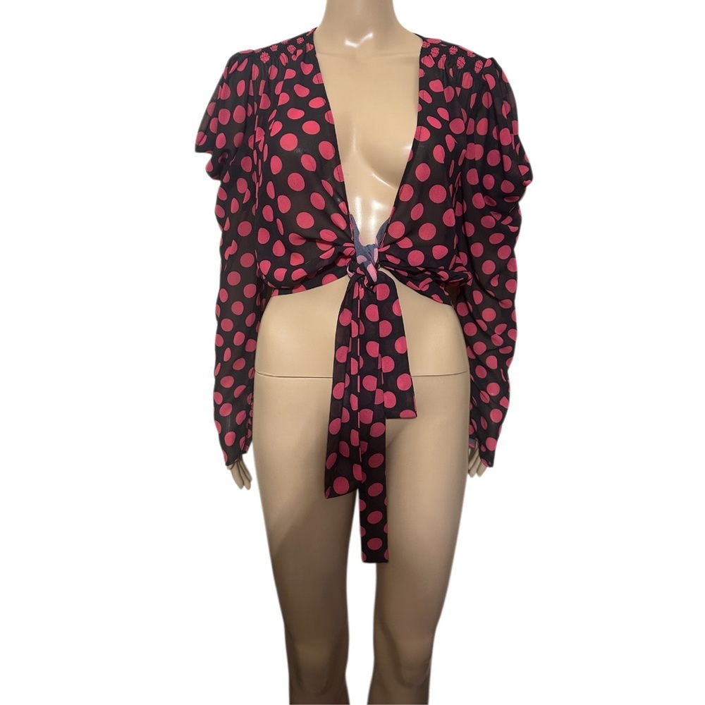 L'Academie Floral polka dot Blouse with Pink Accents - Picture 3 of 5